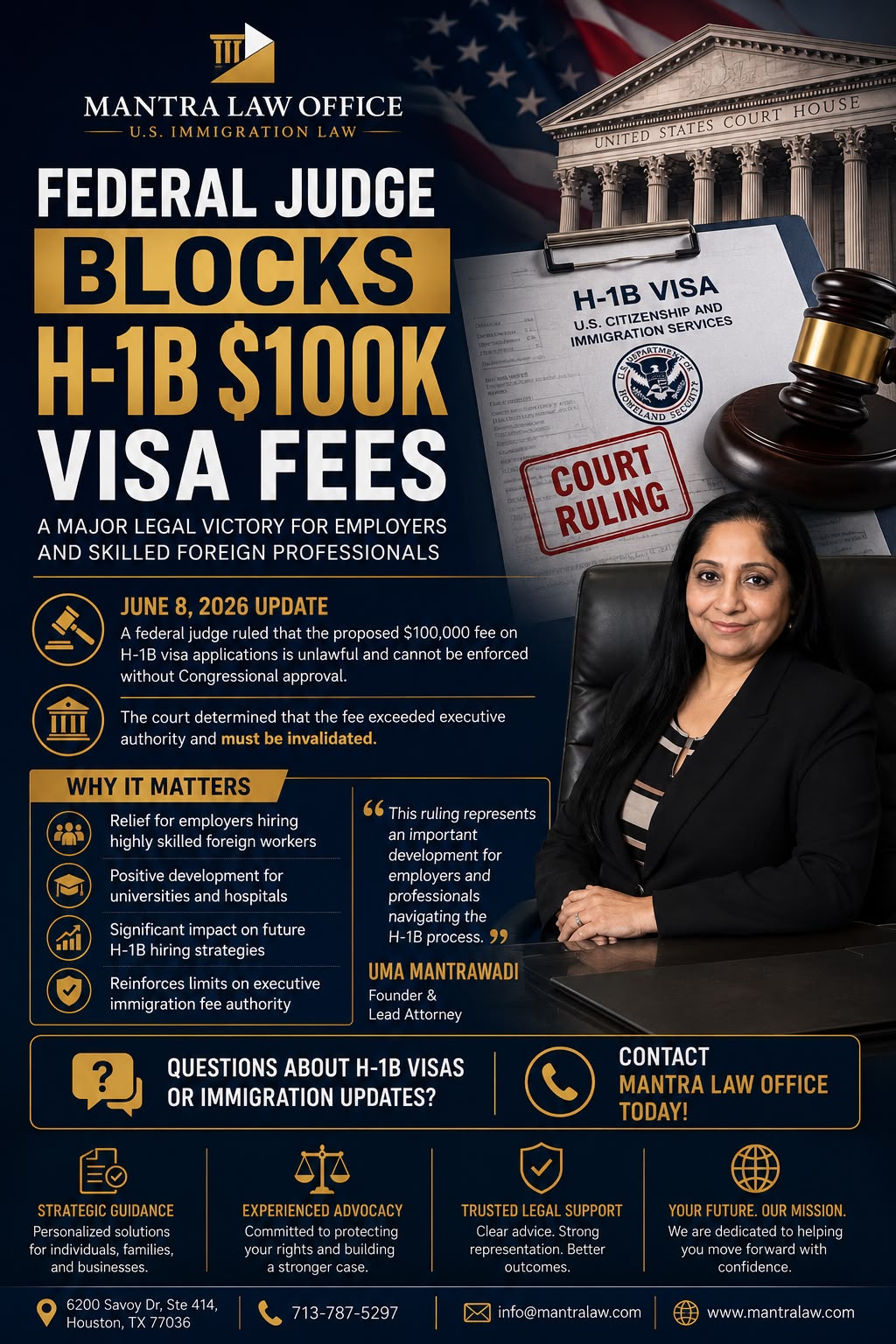 Mantra Law Office - Federal Judge Blocks $100,000 H-1B Visa Fee: Key Immigration Update for Employers