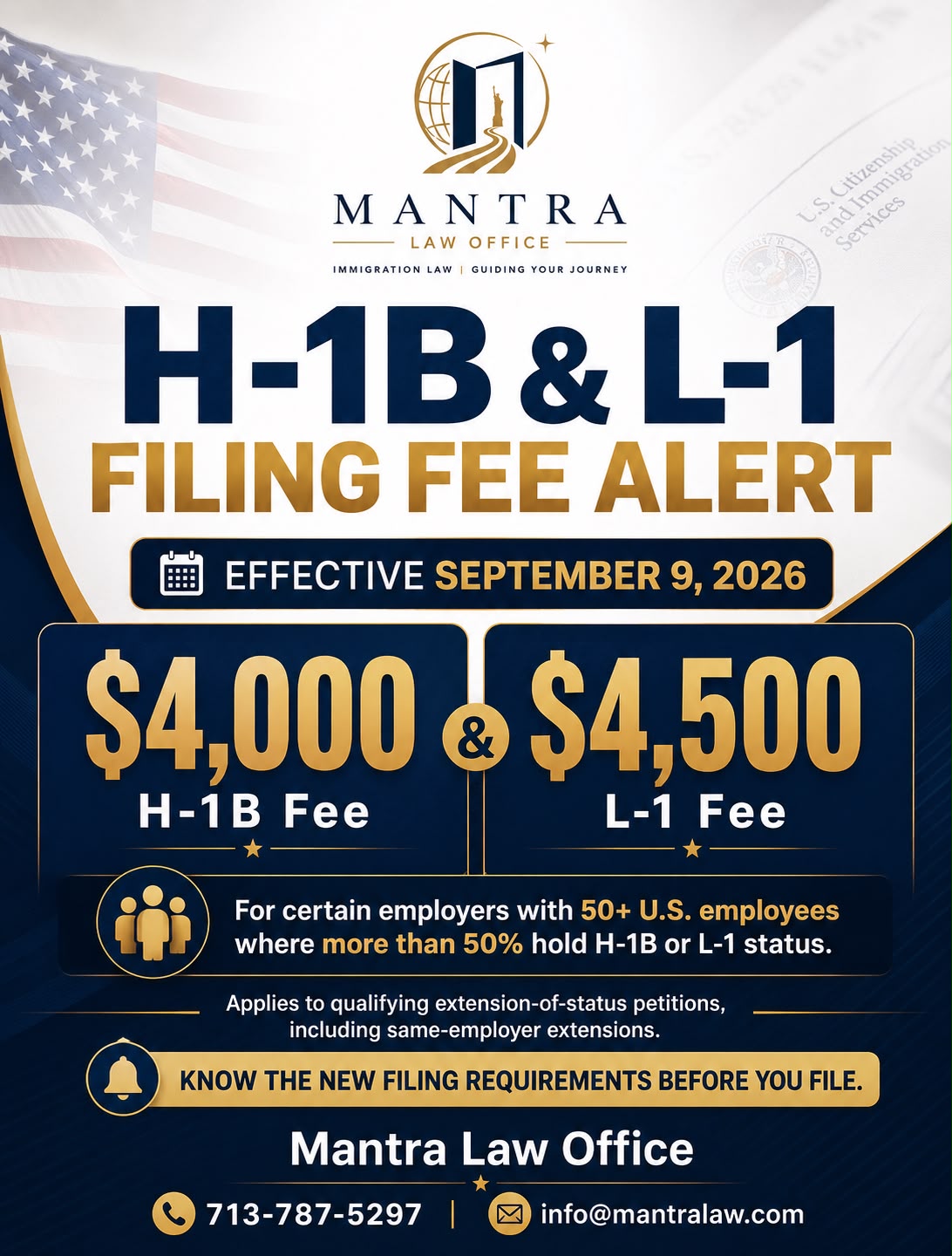 Mantra Law Office - H-1B & L-1 Filing Fee Alert: New $4,000 and $4,500 Fees for Certain Extension Petitions Starting September 9, 2026